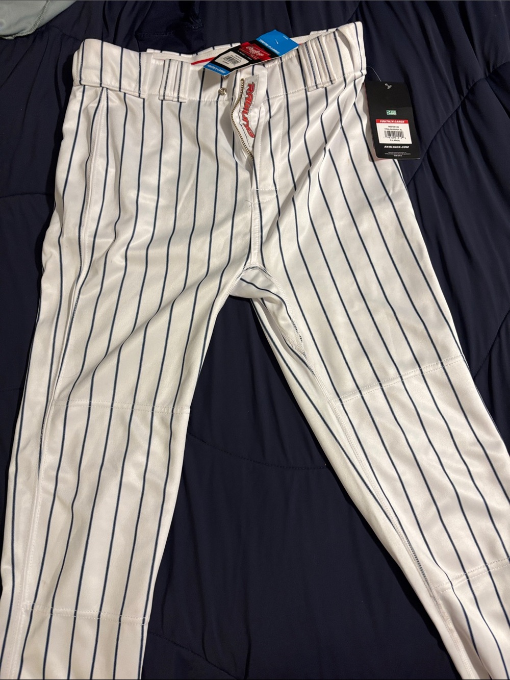 Rawlings White Baseball Pants with Navy Pinstripes